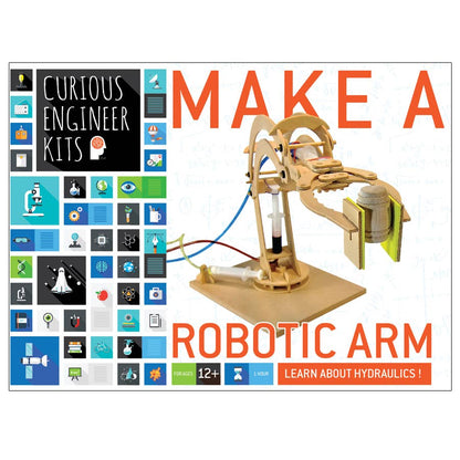 Kit packaging for making a robotic arm with Curious Engineer Kits branding.