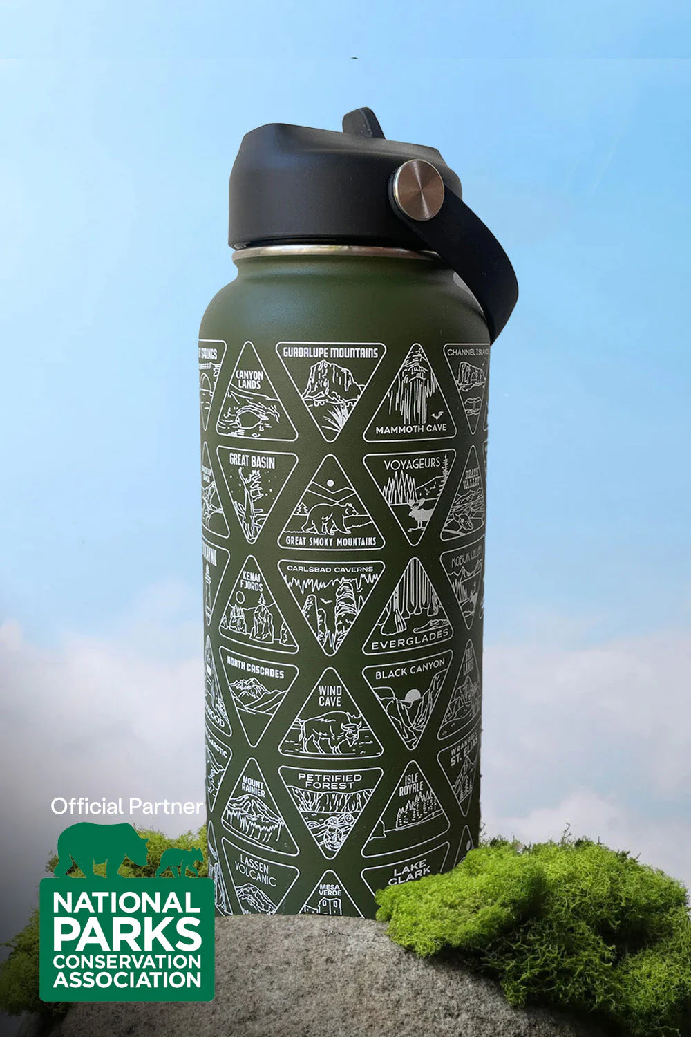 Green water bottle with geometric pattern on a blue sky background, featuring National Parks Conservation Association logo.