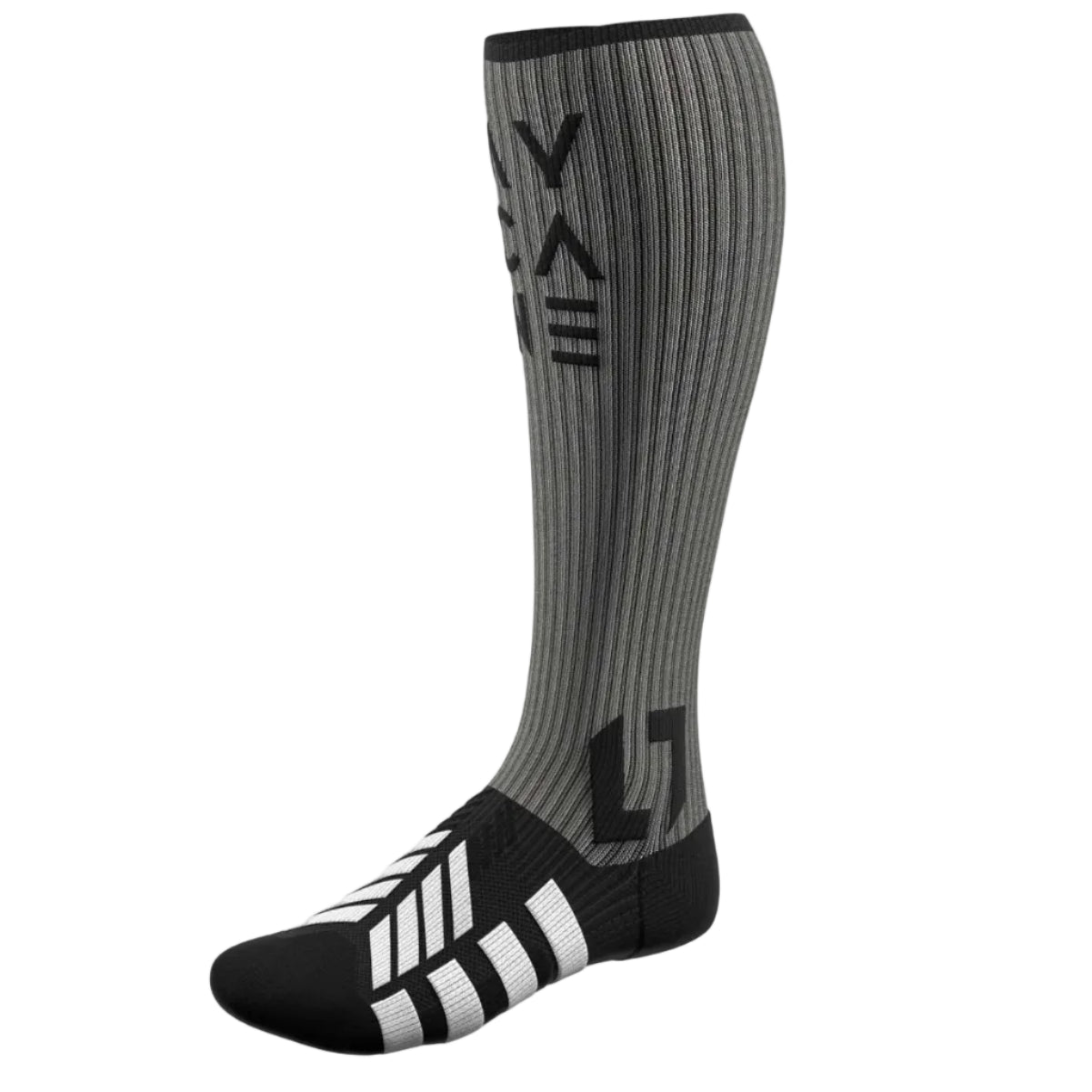A single knee-high athletic sock in gray and black with a ribbed texture, featuring a stylized logo on the leg and three white stripes on the toe, shown against a light gray background.