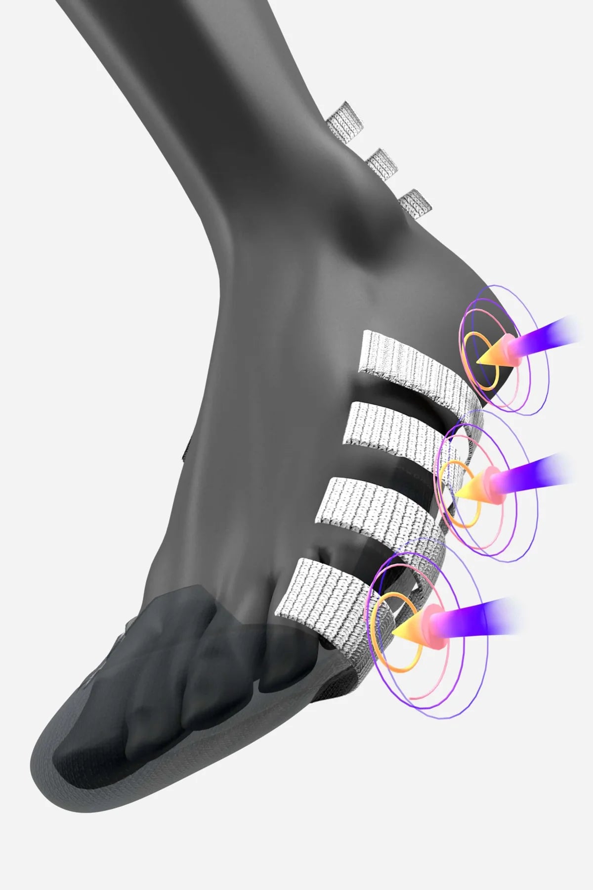 A black silicone foot and ankle model with four silver textured adhesive strips applied to the sole, plus purple and orange light effect graphics showing stimulation. The background is a clean light gray.