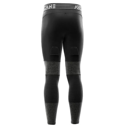 Black athletic leggings with gray textured knit panels at the thighs and lower calves.