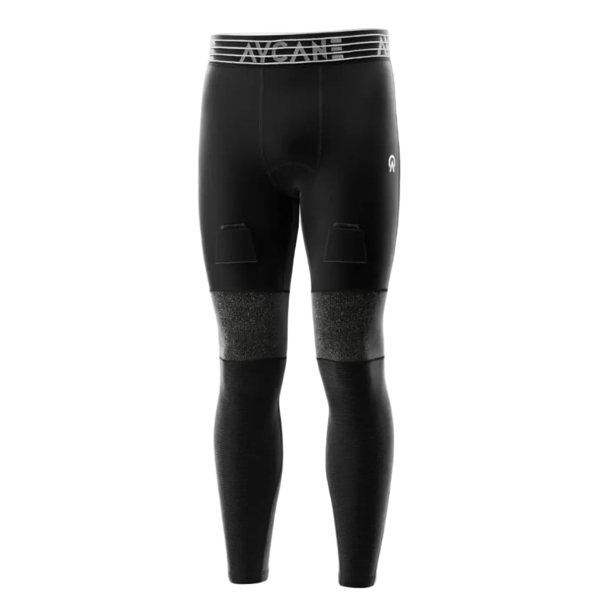 Black compression leggings with visible branding on a white background