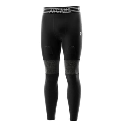 Black compression leggings with visible branding on a white background