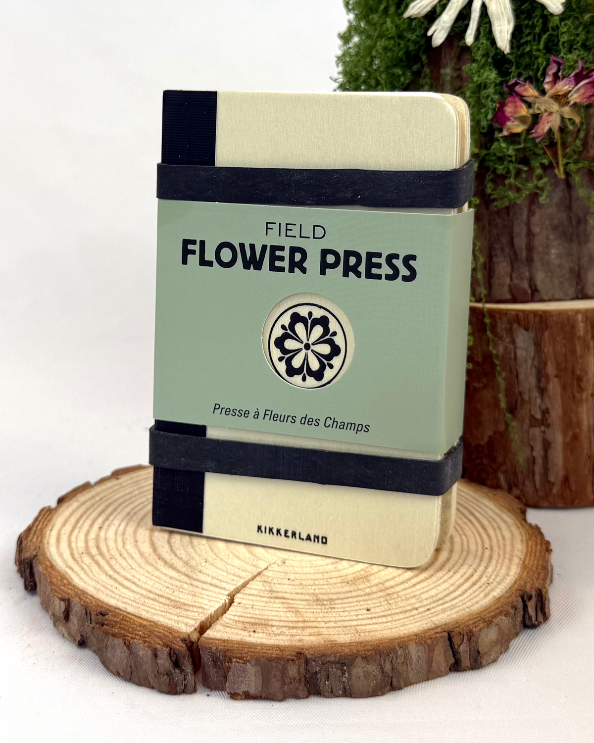 A Field Flower Press notebook with a sage green and cream cover, secured with a black fabric band, displayed on a rustic wood slice coaster. In the background, a decorative mossy tree stump arrangement with a daisy sits on a larger wood slice coaster against a clean white backdrop.