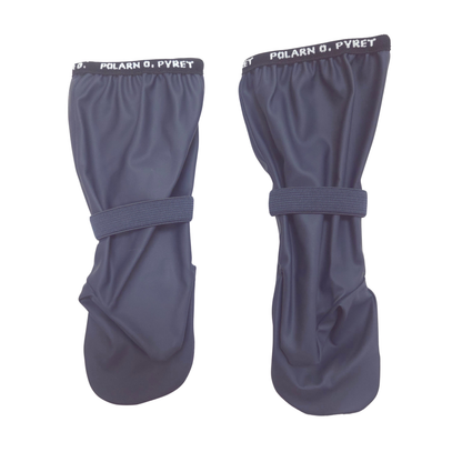 A pair of navy rain mittens, branded with 'POLARN O. PYRET' on the top edge, shown against a plain white background.