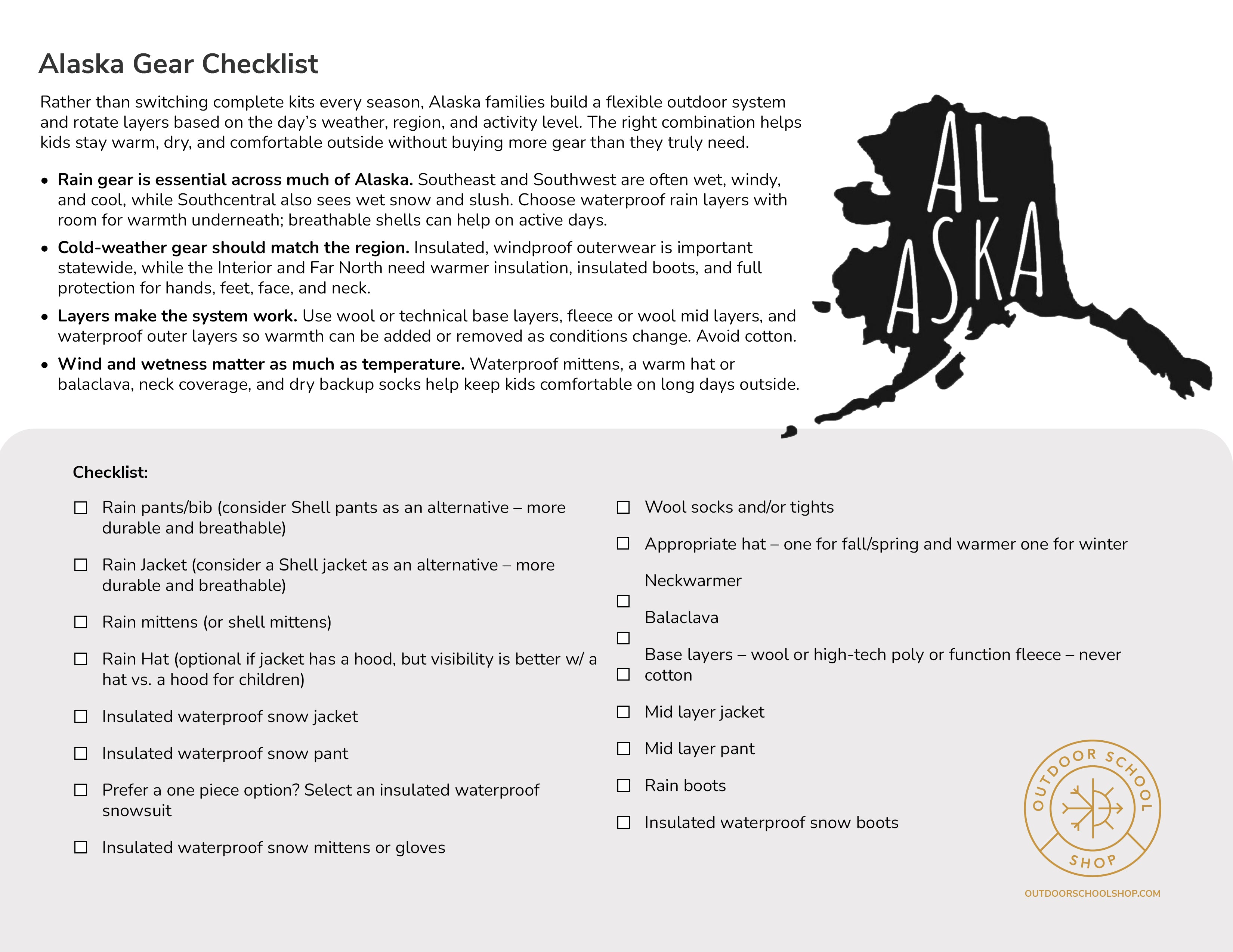 Free Alaska Outdoor School What to Wear Guide – Kids Layering Checklist