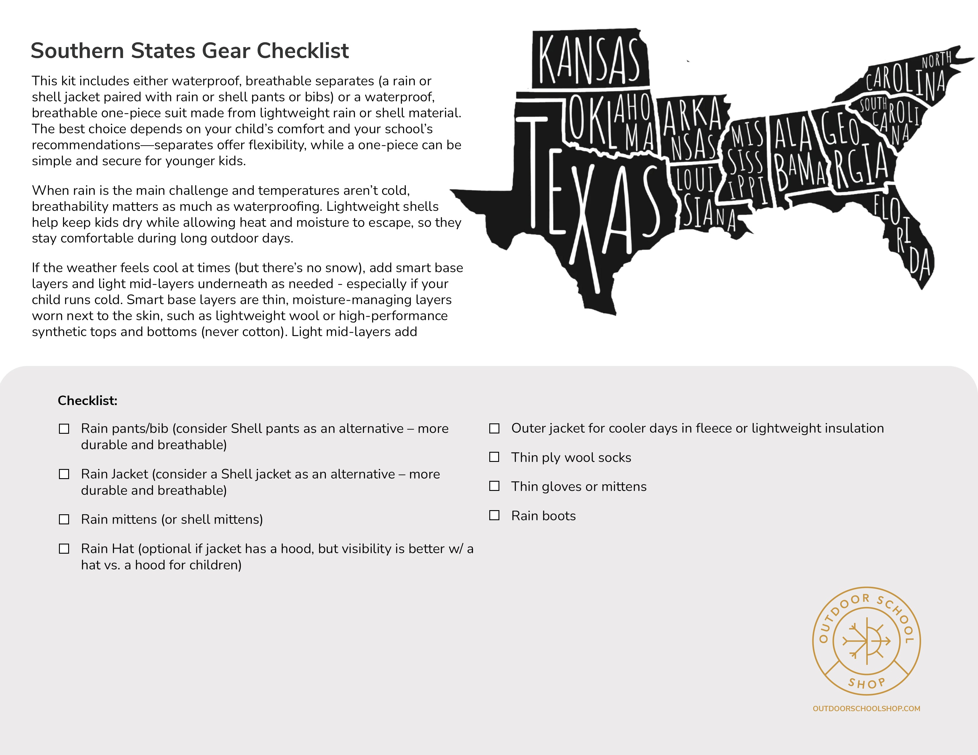 Free Southern States Outdoor School What to Wear Guide – Kids Rain & Warm Weather Layering Checklist
