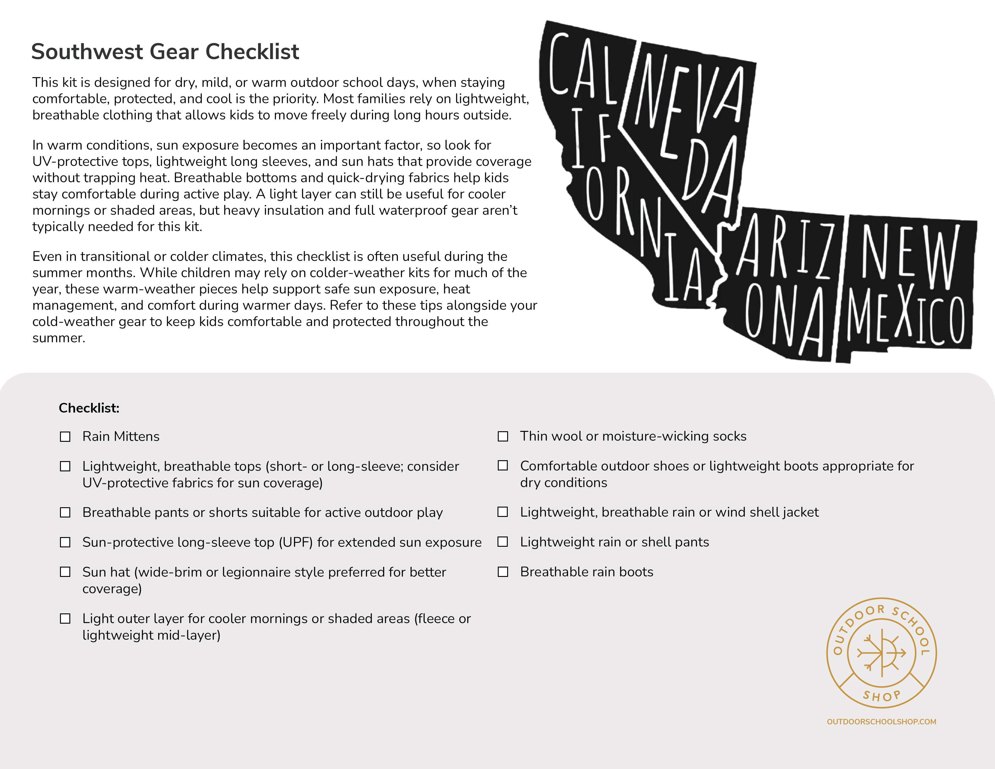 Free Southwest Outdoor School What to Wear Guide – Kids Sun & Warm Weather Checklist