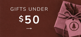 Promotional graphic with the text 'GIFTS UNDER $50' on a dark reddish-brown background, alongside a wrapped gift box tied with twine and a hanging tag featuring a tree icon.