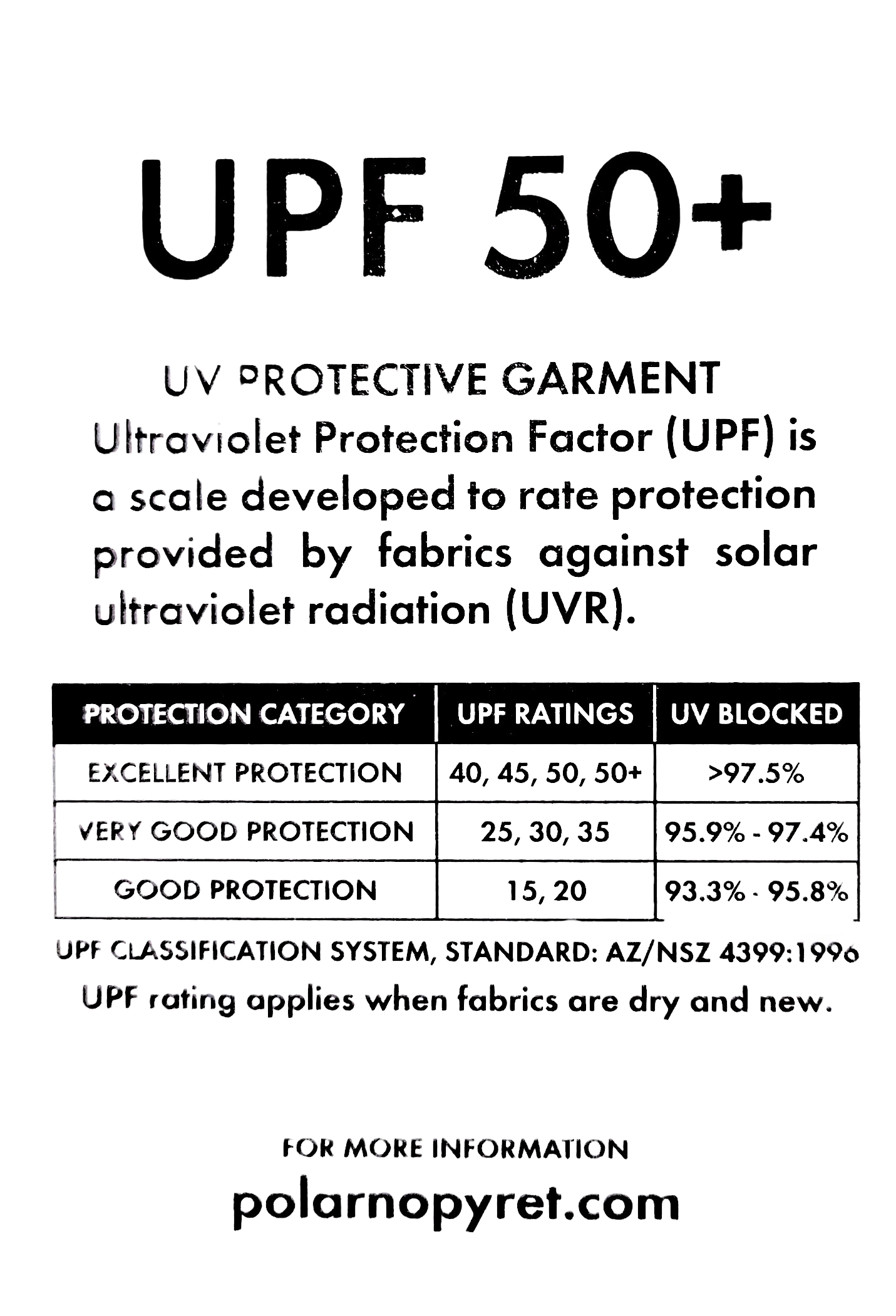 UPF 50+ UV protective garment label