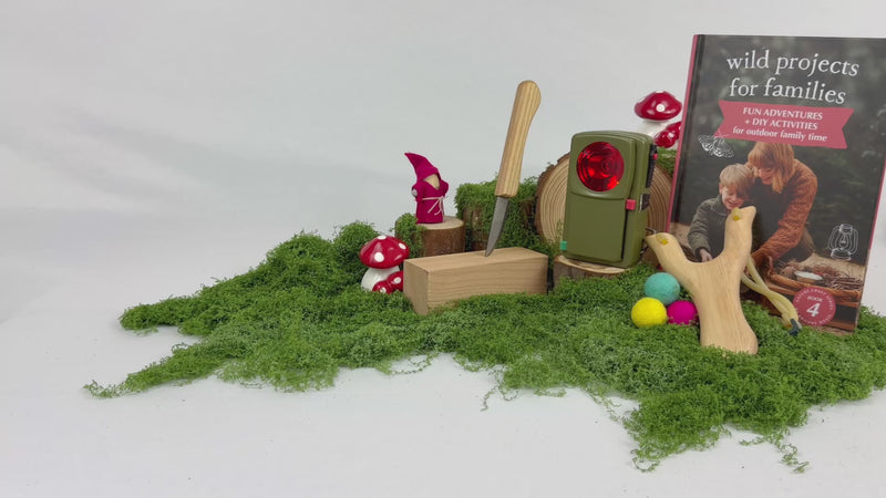 Video of multiple toys on a mossy background including a wooden slingshot, a morse code light, whittling kit, a book titled Wild Projects for Families, and a lady bug house