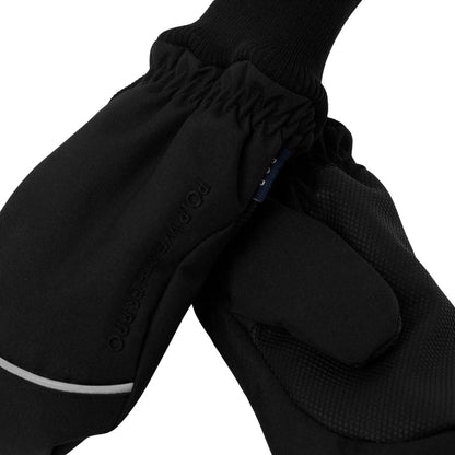 Black winter gloves with a ribbed knit cuff and a white reflective stripe, shown on a plain white background.