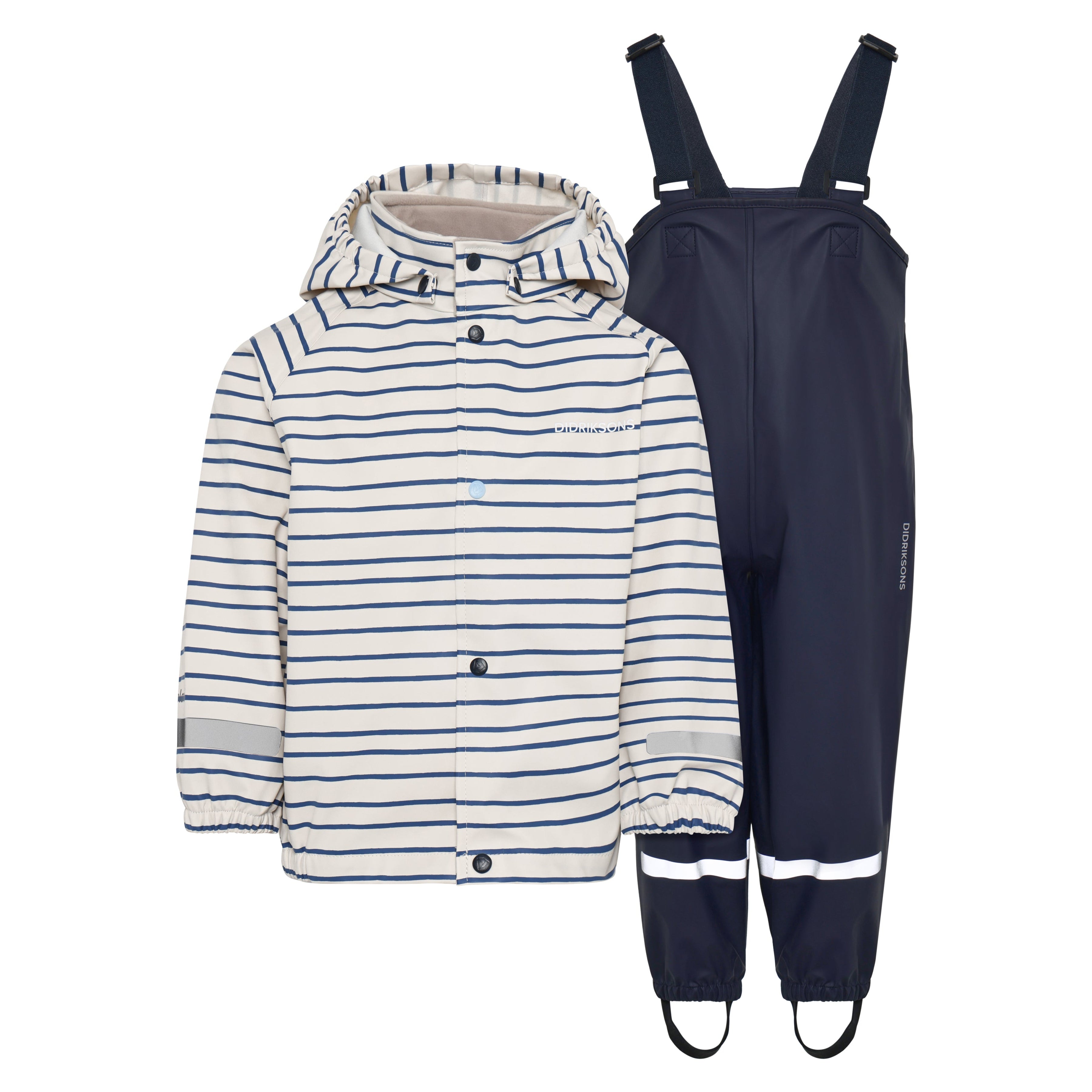 Kids Slaskeman Unlined Striped Rain Set- Snap Button Jacket and Bibs | #color_le-rand-blue