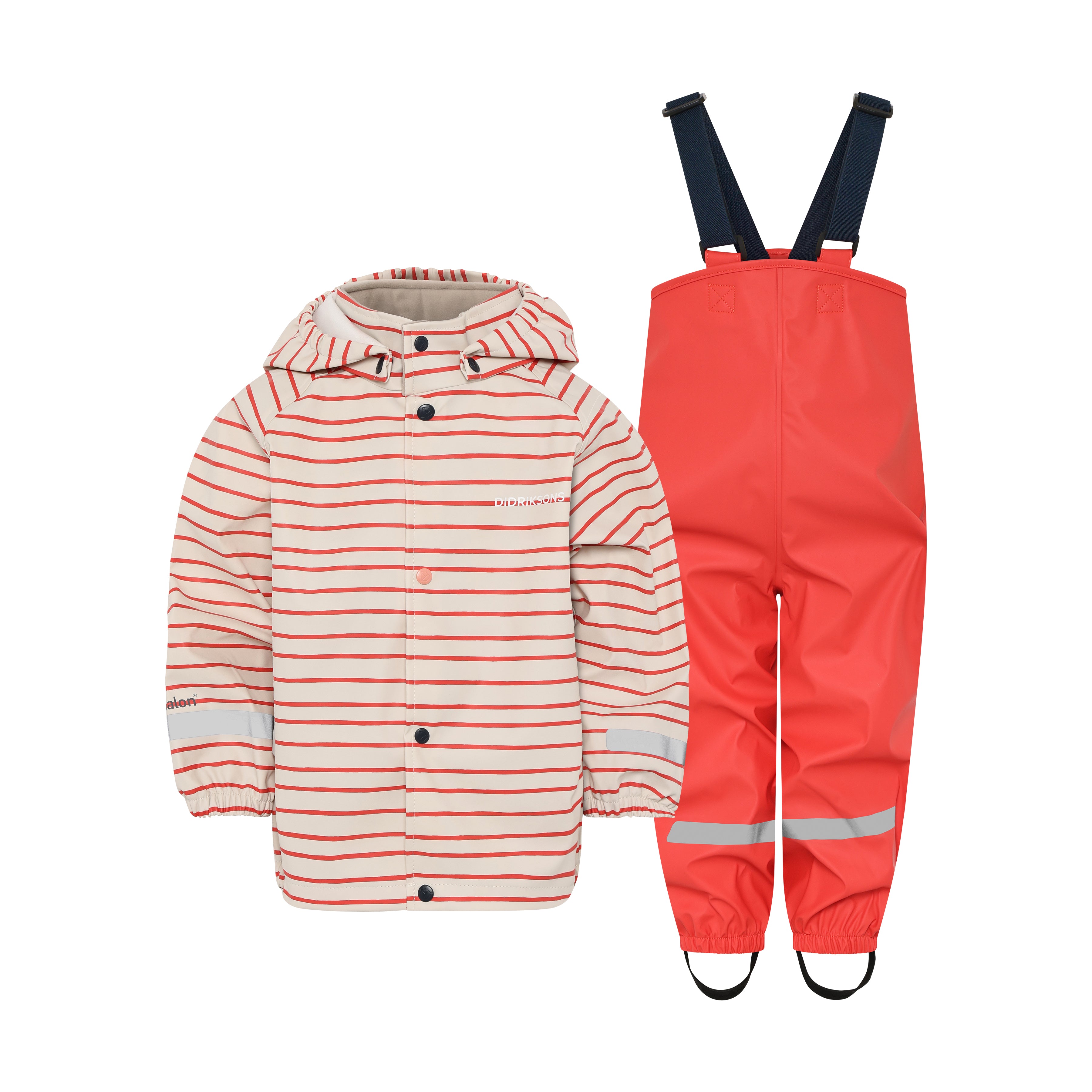 Kids Slaskeman Unlined Striped Rain Set- Snap Button Jacket and Bibs | #color_le-rand-rouge