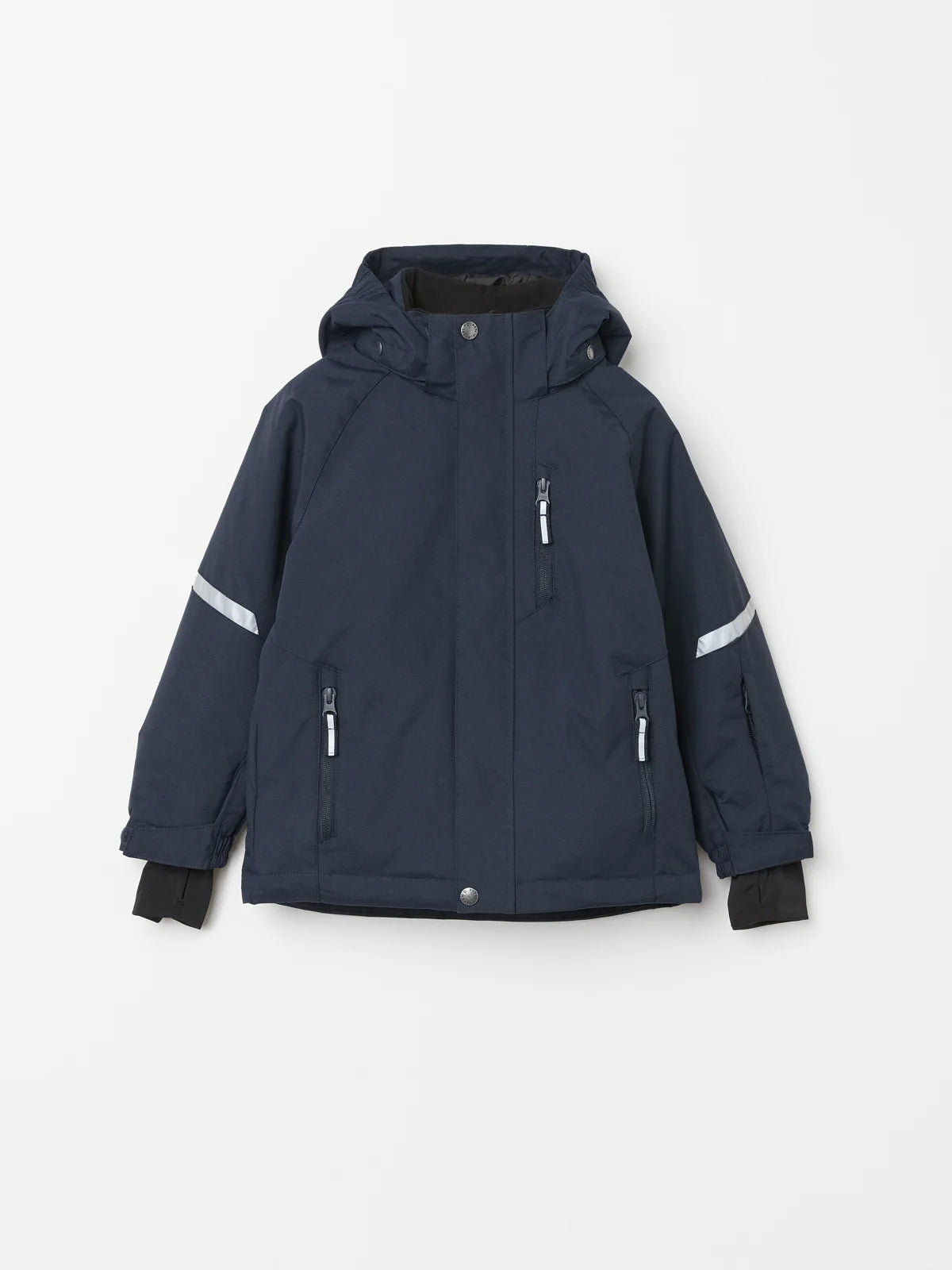 A navy blue Polarn O. Pyret   hooded winter jacket with reflective silver stripes on the sleeves, shown against a plain light gray background.  #color_navy