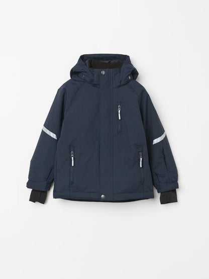 A navy blue Polarn O. Pyret   hooded winter jacket with reflective silver stripes on the sleeves, shown against a plain light gray background.  